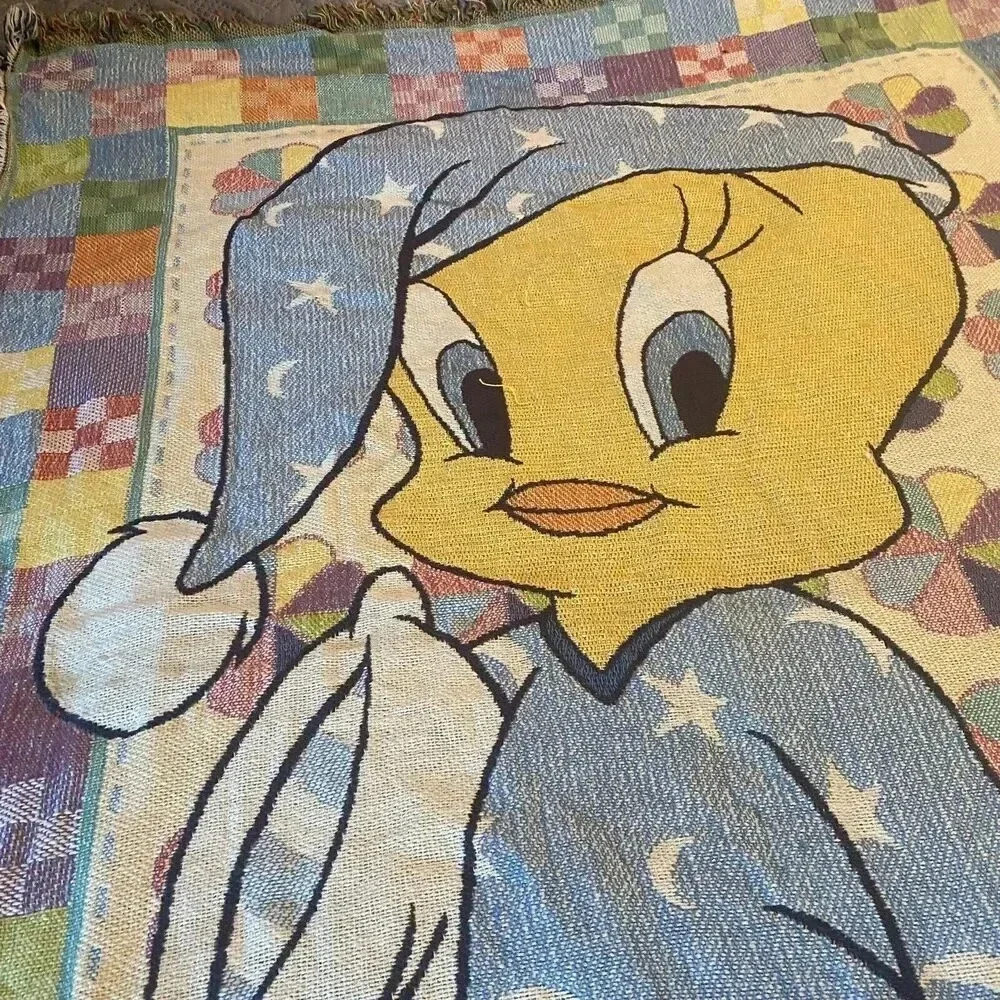 VTG 90s Baby Toddler Looney Tunes Cotton Blanket Sylvester Tweety Bird Blue Cozy